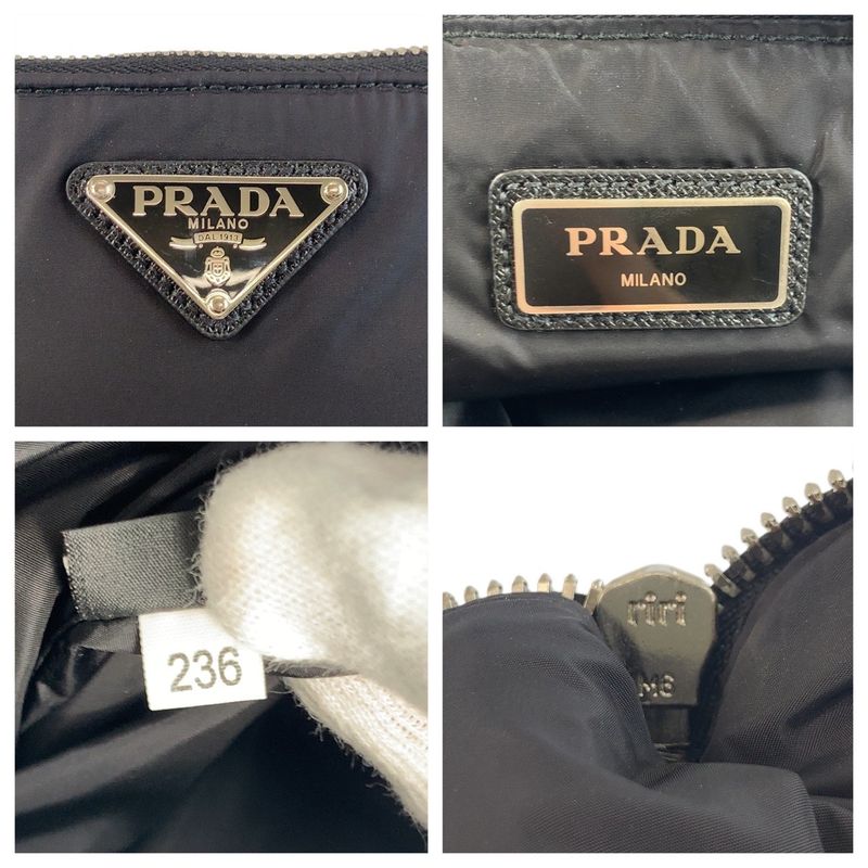 Prada Tessuto Triangle Logo Plate Black Silver Hardware Nylon Clutch Bag Second