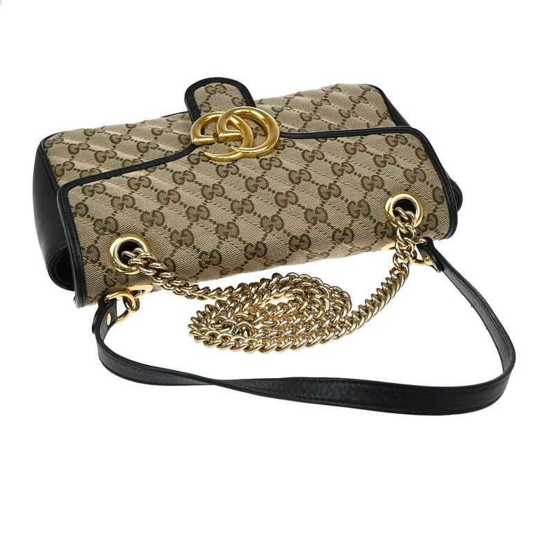 Gucci Marmont Chain Shoulder Bag Canvas Leather Beige Black 631ka861