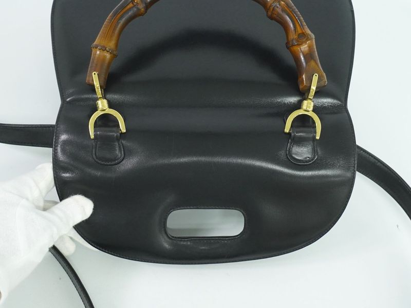 Authentic Gucci Bamboo 2WAY Shoulder Bag Handbag Pochette Leather Black Bamboo