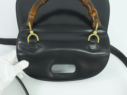 Authentic Gucci Bamboo 2WAY Shoulder Bag Handbag Pochette Leather Black Bamboo