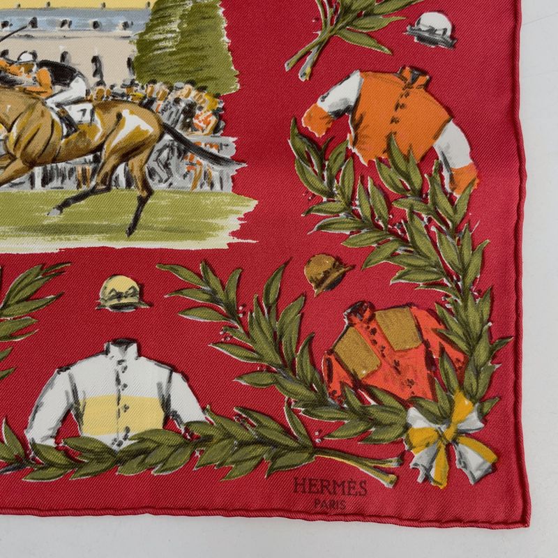 Hermes Carre 45 Chantilly Chien Ti Racecourse Red And Multicolor 100% Silk Scarf