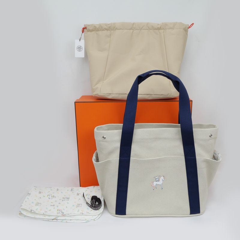 Hermes Cabrio Mother's Bag Toile Ash Gripe Lou Navy Tote Bag Canvas