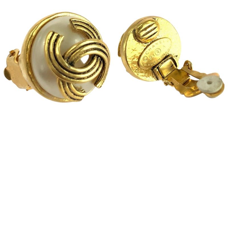 Chanel Faux Pearl Coco Mark Gold White Plated/faux Pearl Earrings 94 A Engraved