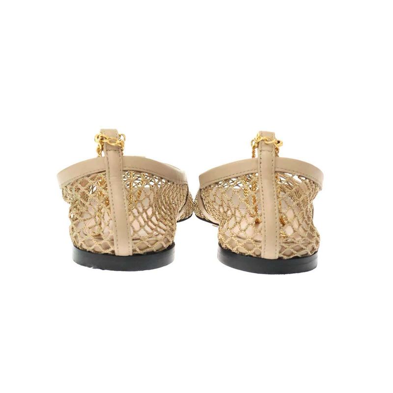 Bottega Veneta Stretch Ballerina Square Toe Mesh Chain Flat Shoes Beige 34 1 2