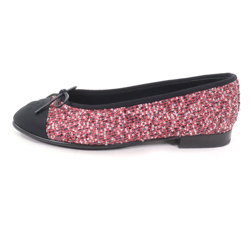 CHANEL G02819 Coco Mark Sequins Flat Shoes With Ribbon Pinkish 36.5 Storage