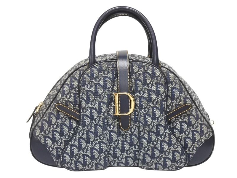 Dior Double Saddle Bag Trotter Canvas Leather Navy Gold