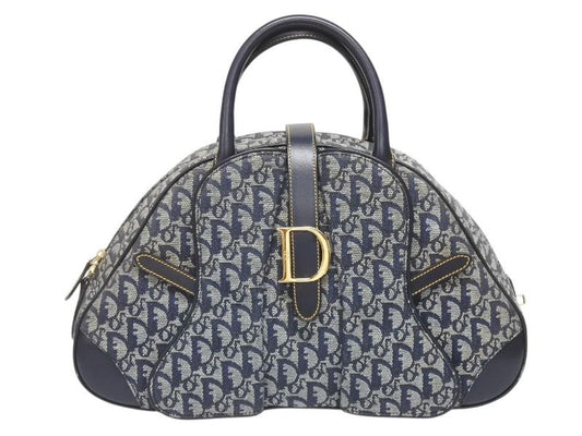 Dior Double Saddle Bag Trotter Canvas Leather Navy Gold