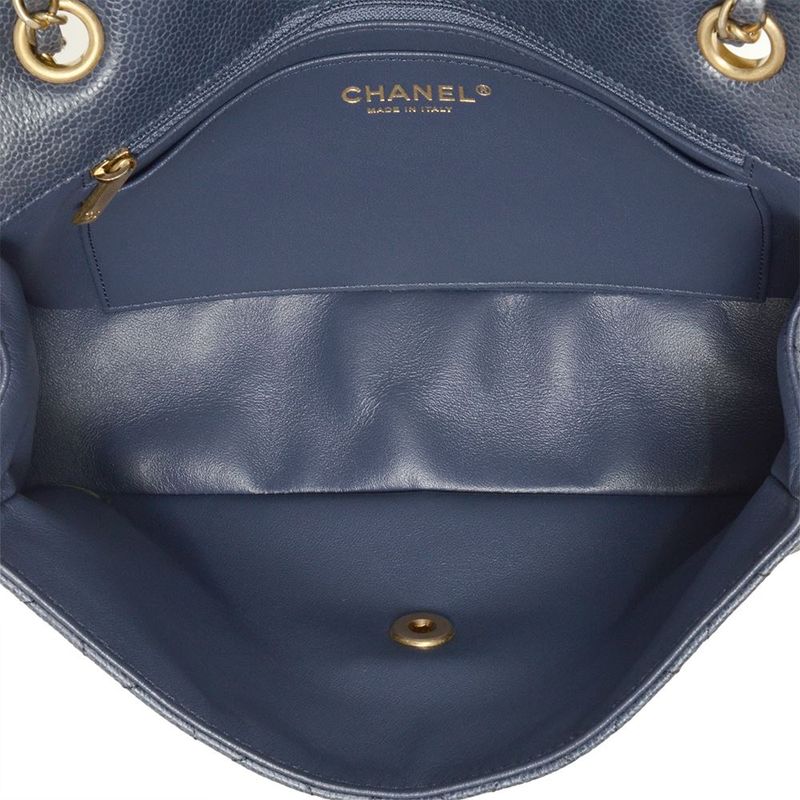 Chanel Matelasse Double Chain Shoulder Bag Caviar Skin Blue Gold Hardware Coco