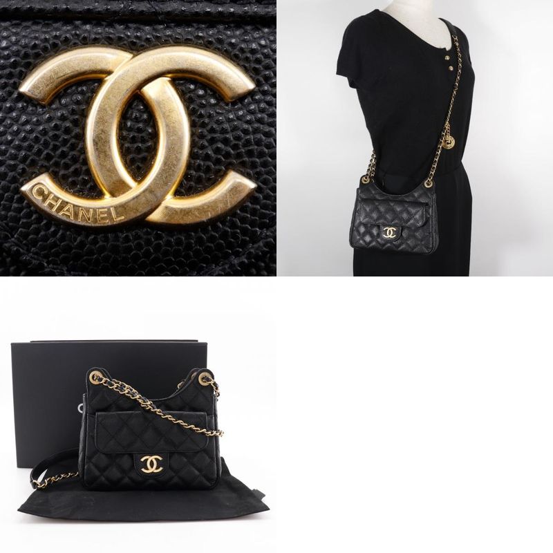 Chanel Matelasse Small Hobo Bag Chain Shoulder As3710 Caviar Skin Black Ladies