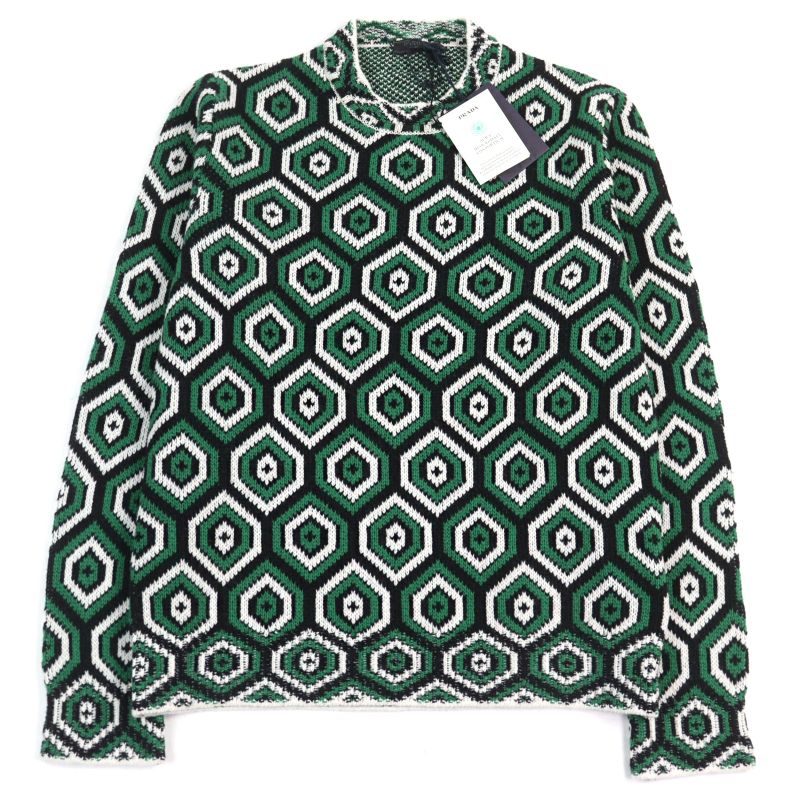 Prada 2022 Umb429 30% Cashmere Mockneck Jacquard Knit With Triangle Patch Green