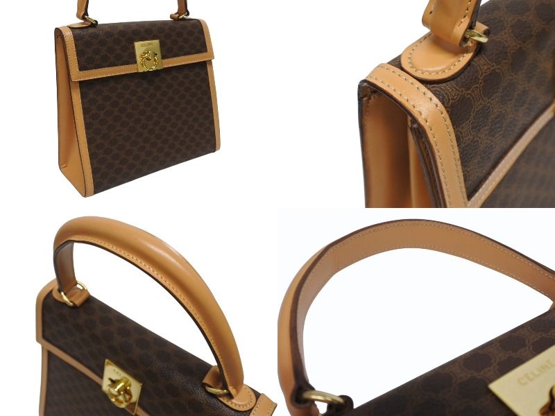 Celine 2-Way Shoulder Bag M 13 Macadam Pattern Leather Brown Gold — view 4