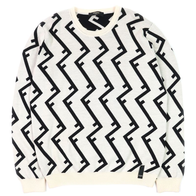 Fendi Fzz489 100% Wool FF Motif Total Pattern Crew Neck Long Sleeves Knit