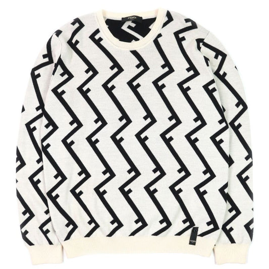 Fendi Fzz489 100% Wool FF Motif Total Pattern Crew Neck Long Sleeves Knit