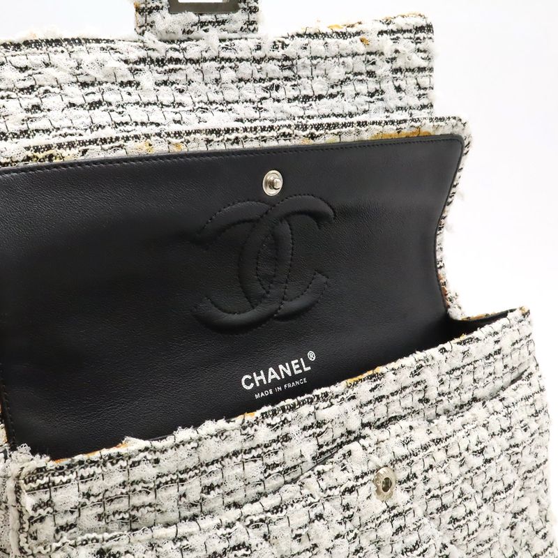 Chanel 255 Tweed W Flap Chain Bag Shoulder Bag Flower Motif Leather White Black