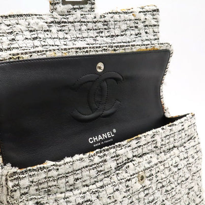 Chanel 255 Tweed W Flap Chain Bag Shoulder Bag Flower Motif Leather White Black