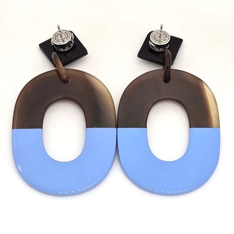 Hermes Earrings Ism Binaural Buffalo Horn Lacquer Brownish/blue Color Silver