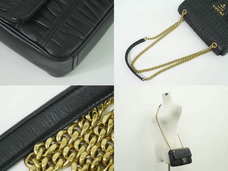 Authentic Prada Nappa Gaufre Chain Shoulder Bag Pochette Leather Black Nappa