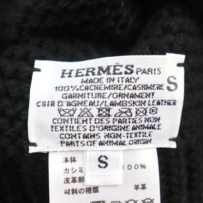 Hermes 100% Cashmere Sheepskin Leather Knit Hat With Logo Tag Beanie Knit Cap