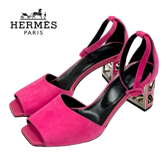 Hermes Sandals Shoes Suede Pink Silver Unused Metal Heel Ankle Strap