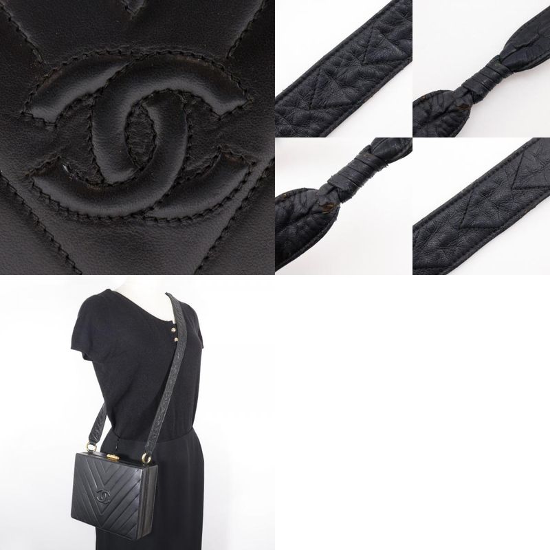 Chanel Chevron Coco Mark V-stitching Vintage Lambskin Black Women Shoulder Bag
