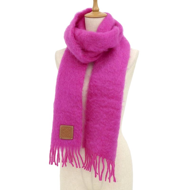 LOEWE Mohair Wool Anagram Leather Patch Fringed Scarf Pink Made In Spain