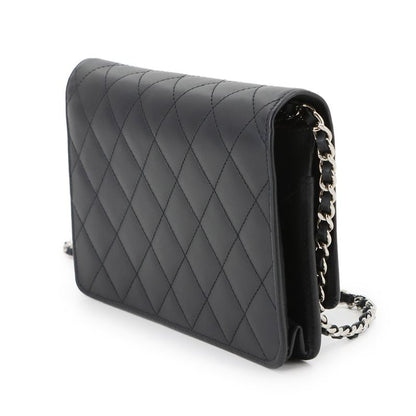 Chanel Cambon Line Chain Wallet Foldable Long Wallet Leather Enamel Black