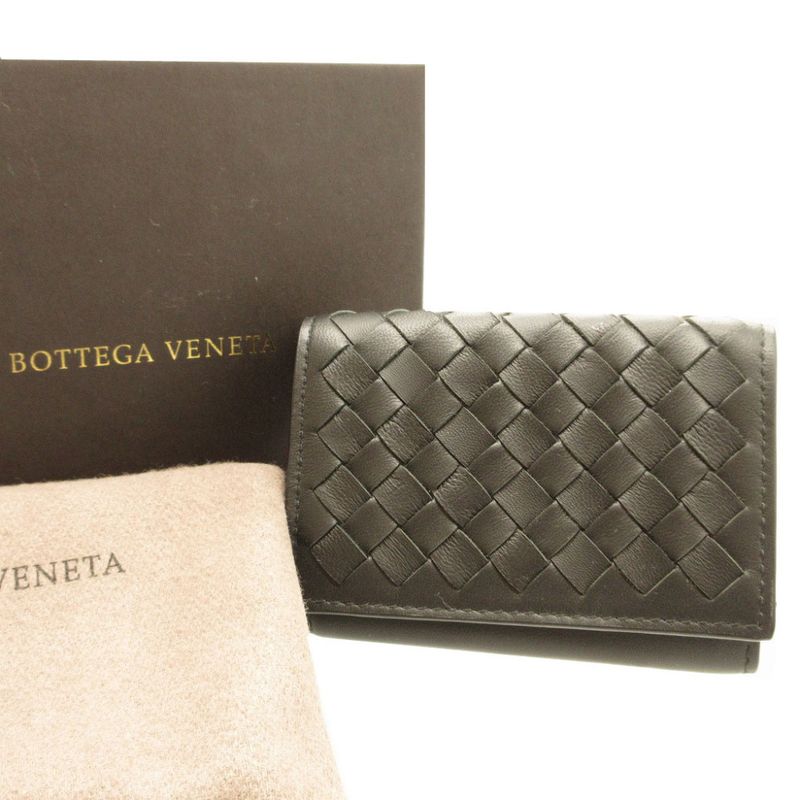 Bottega Veneta Intrecciato Compact Wallet Leather Black Gray Trifold Wallet