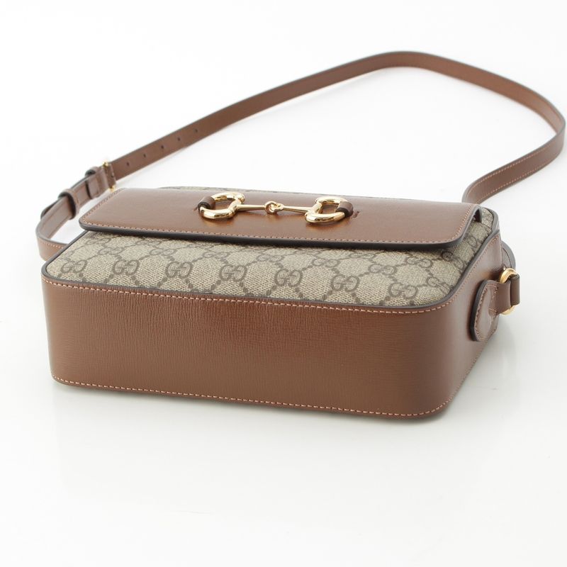 Gucci 1955 Horsebit GG Supreme Canvas Crossbody Gold Shoulder Bag 645454 Brown
