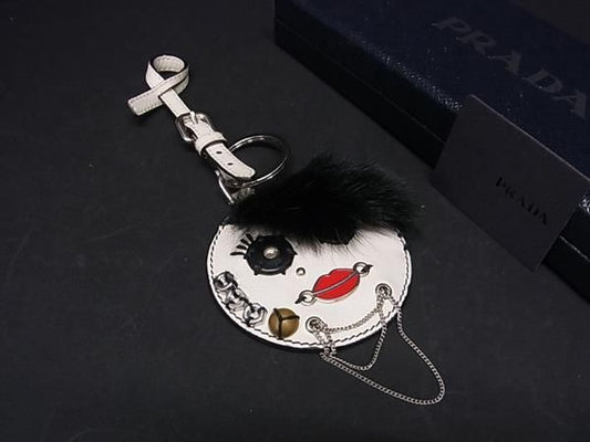 Prada Saffiano Leather And Fur Key Holder Bag Charm Ivory At5921