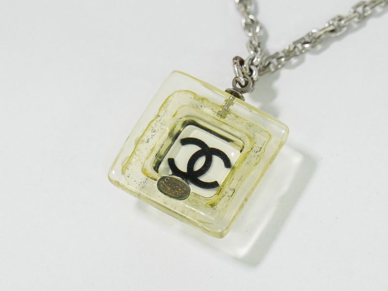 Authentic Chanel Coco Mark Necklace Pendant Plastic Metal Silver Hardware Clear
