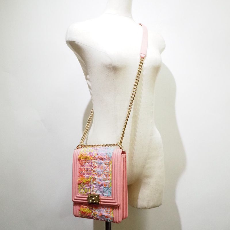 Chanel Chain Shoulder Boy Chanel Coco Mark As0130 Tweed And Lambskin Pink