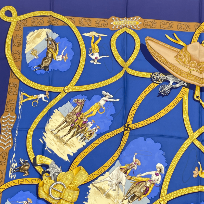 Hermes Carre 90 Scarf Charreada Horse Blue Silk