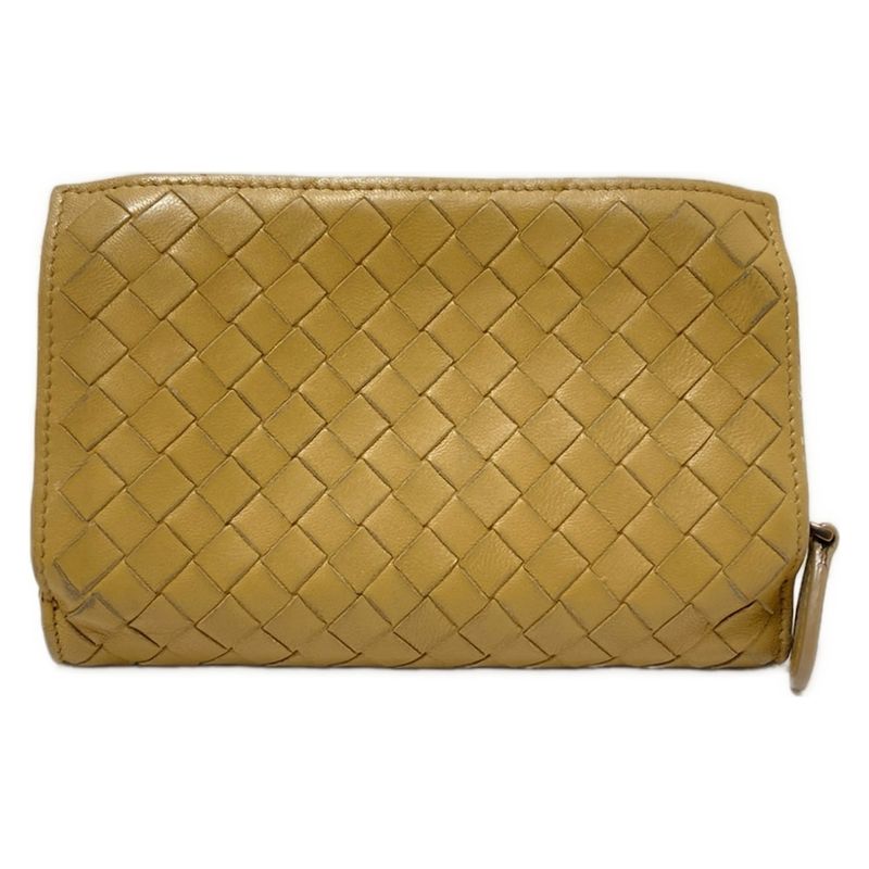Bottega Veneta Intrecciato Beige Round Zipper Leather Bifold Wallet
