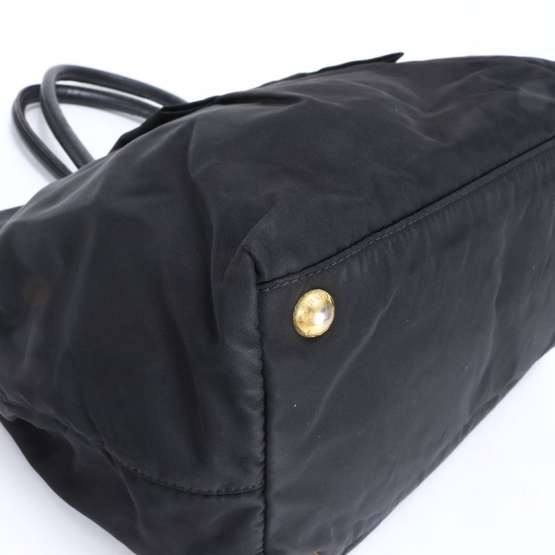 Prada Tessuto Nylon Ribbon Design Leather Tote Bag Shoulder Hand Black Women