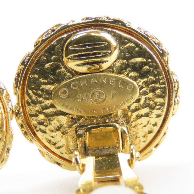 Chanel Earring Coco Mark Metal Faux Pearl Gold Plated Accessories 94P Ladies