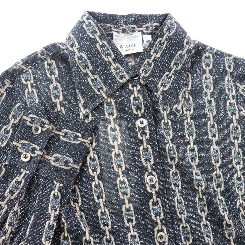 Celine Rare Old Celine Triomphe Chain Pattern Lame Long Sleeve Shirt Black