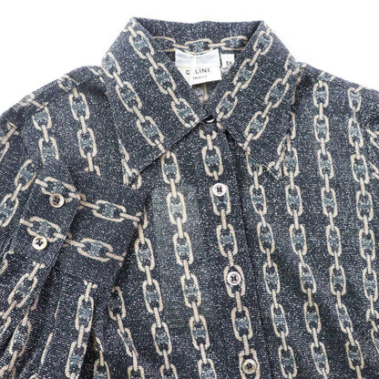Celine Rare Old Celine Triomphe Chain Pattern Lame Long Sleeve Shirt Black