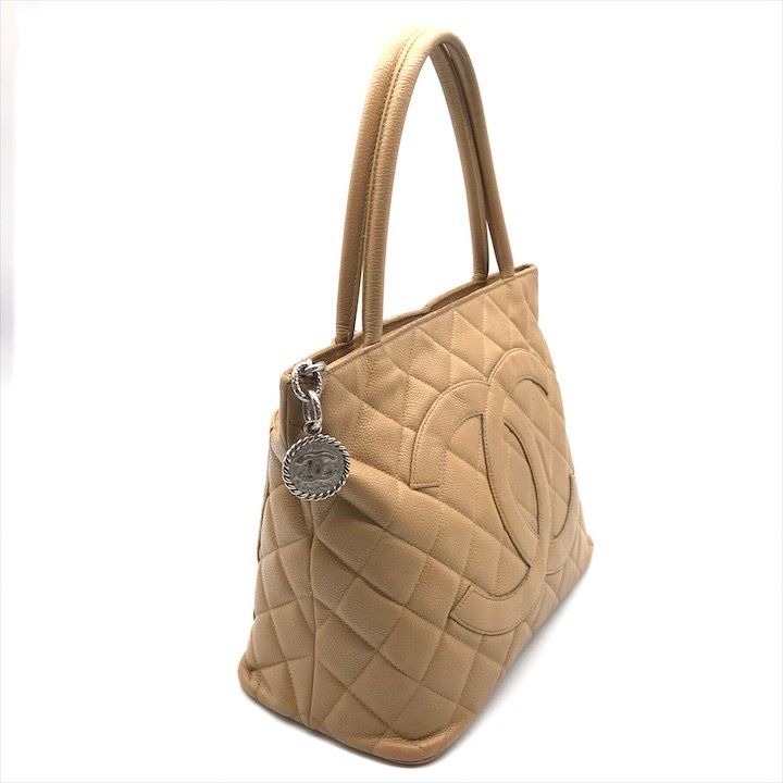 Chanel CC Logo Quilted Caviar Leather Tote Medallion Beige Silver