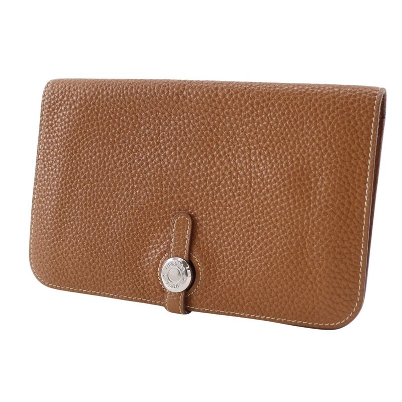 Hermes Dogon GM Taurillon Clemence Gold Brown □J Unisex Long Wallet