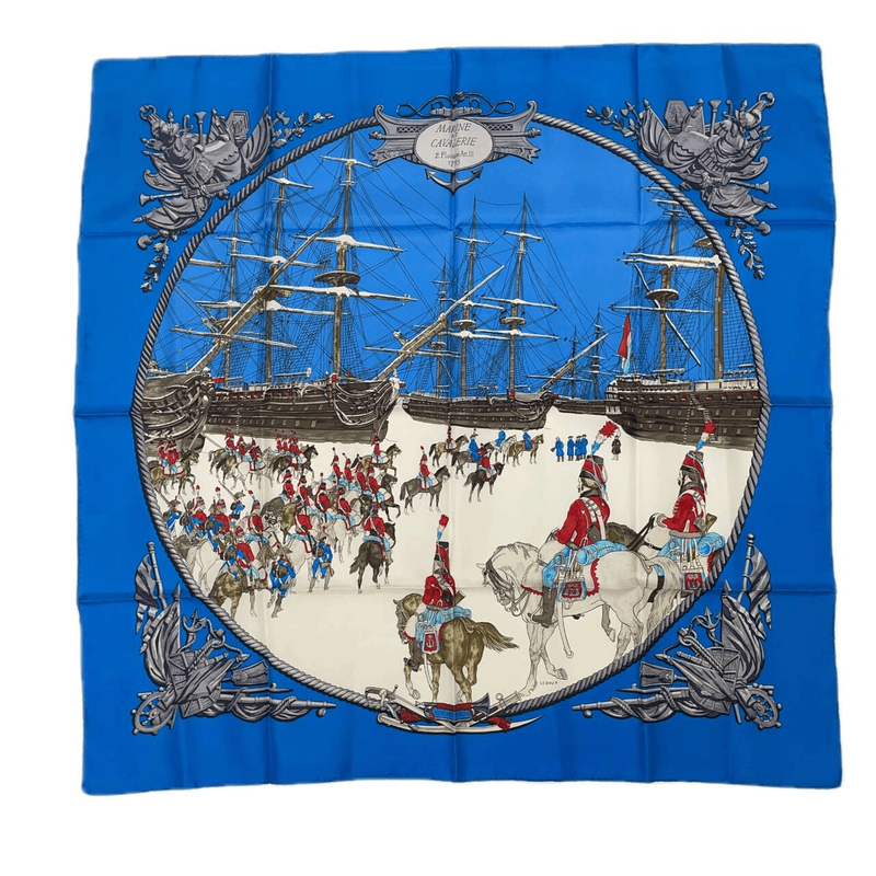 Grade Hermes Carre 90 Marine ET Cavalerie Sea And Cavalry Blue 100% Silk Scarf
