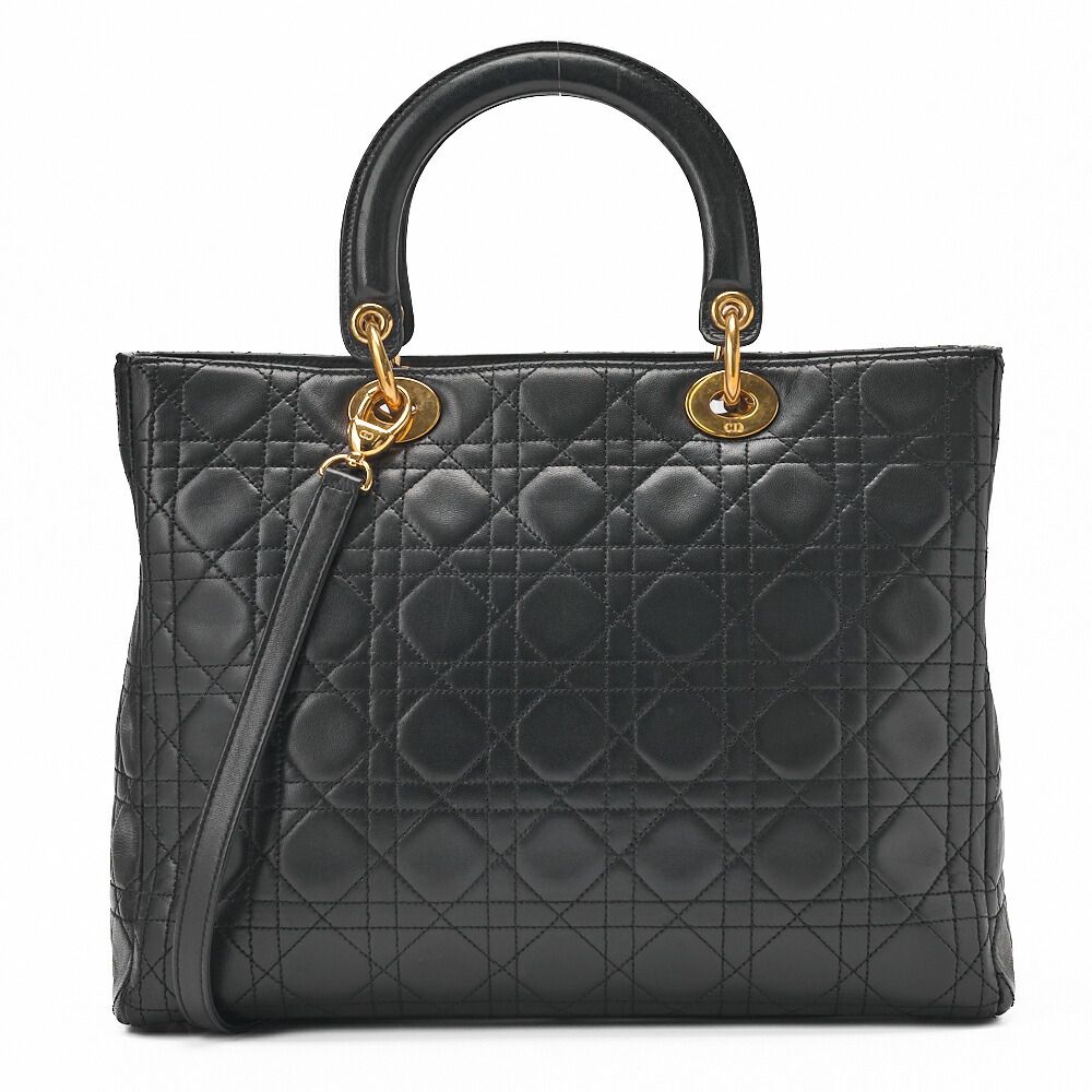 DIOR Lady Dior Cannage Handbag 2-way Lamb Skin Black Large Size (gold Hardware)