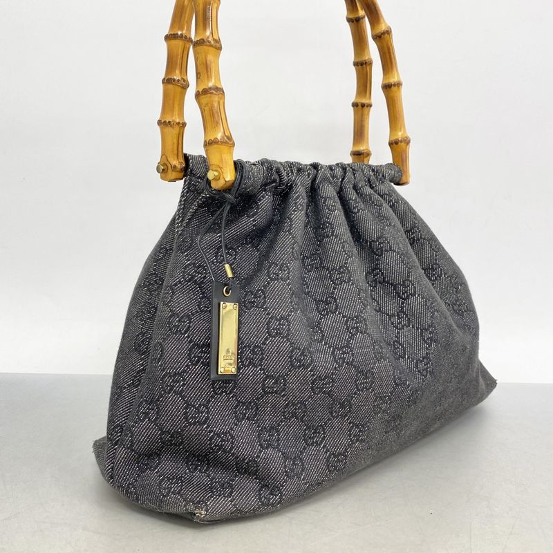 Gucci Handbag Bamboo 92708 Denim Black Gold Hardware Women