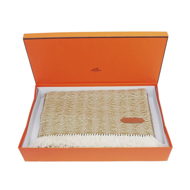 Hermes Muffler - Wavy - Double Face Beige Camel Cashmere Shawl Unisex