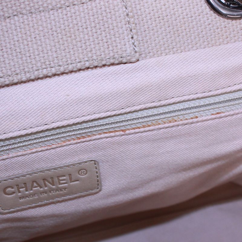 Chanel Chocobar Chain Bag Canvas And Lambskin Beige Handbag Silver