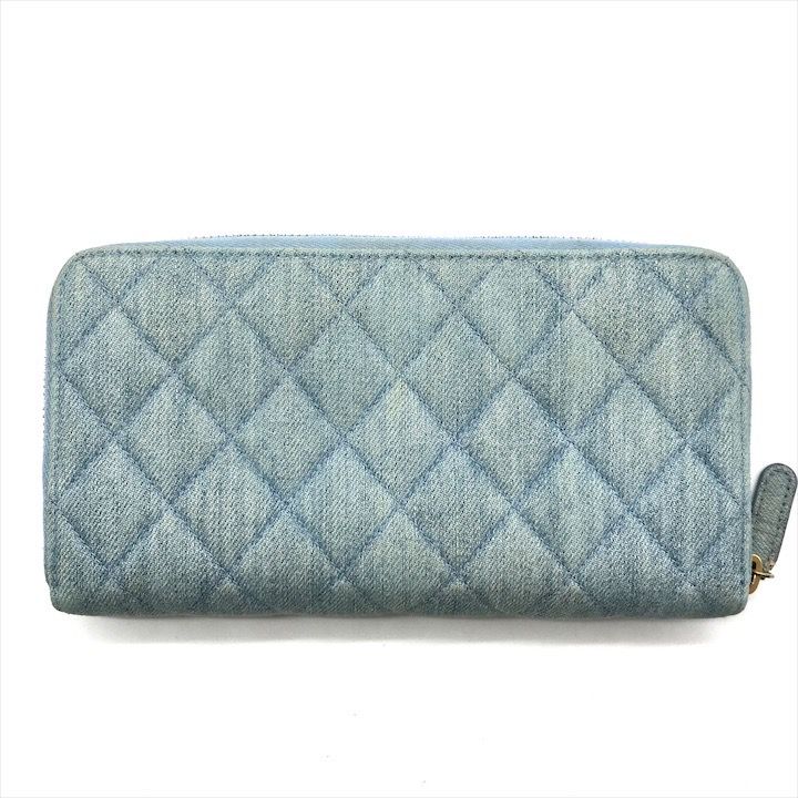 Chanel CC Logo Quilted Denim Zip Around Wallet Blue