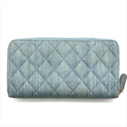 Chanel CC Logo Quilted Denim Zip Around Wallet Blue
