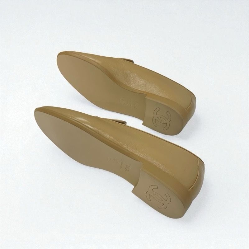 Chanel Loafer Leather Shoes Leather Beige Unused Here Mark Pearl