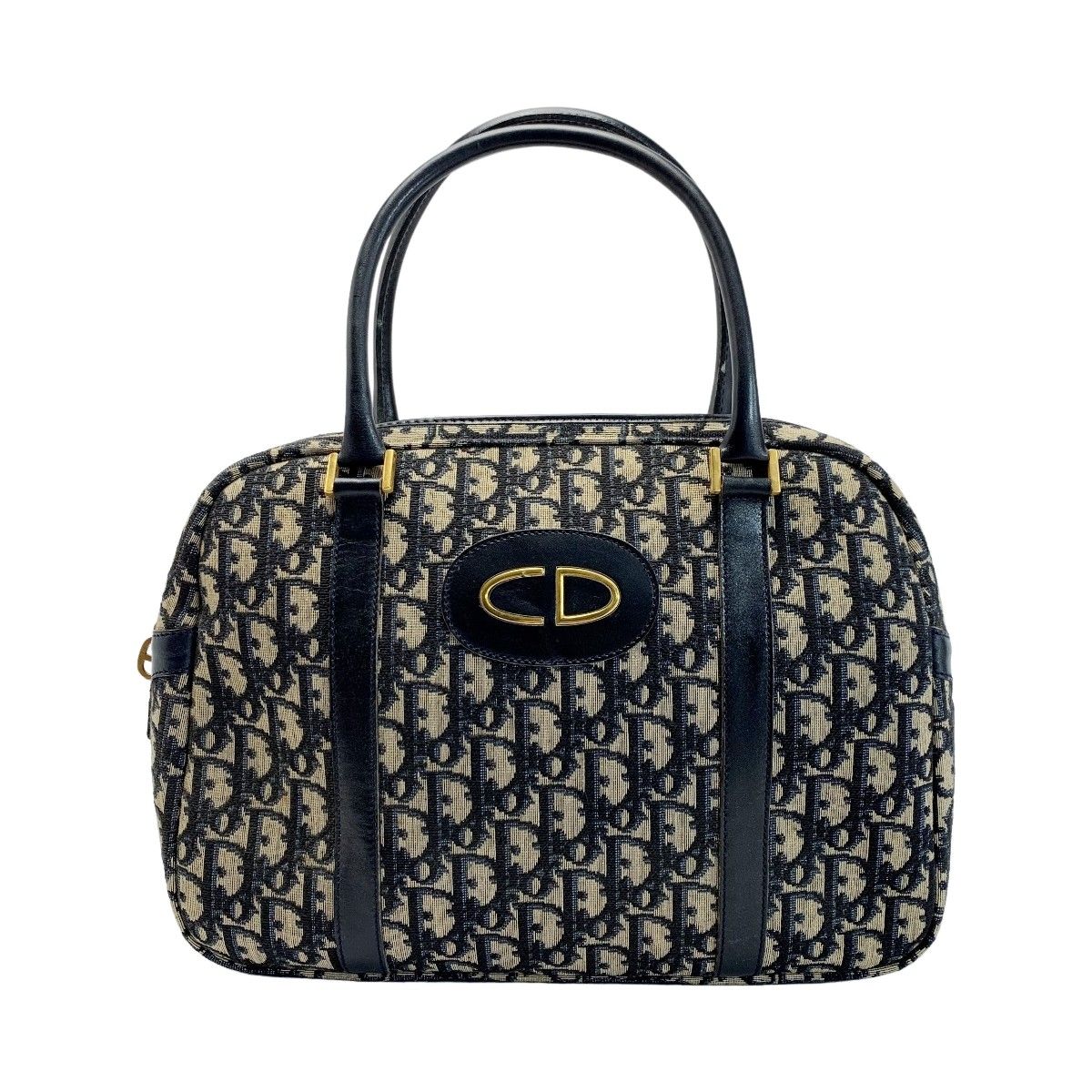 Christian Dior Trotter Logo Canvas Navy Handbag Women's Gold Hardware