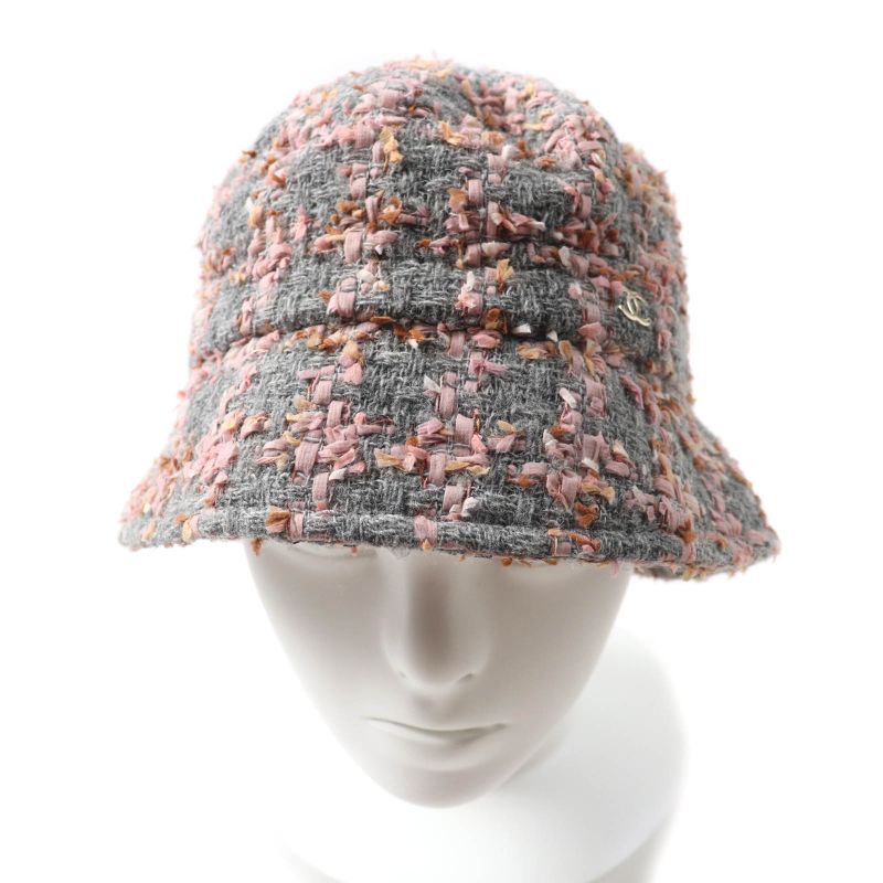 CHANEL Alpaca Blend Ribbon Tweed Bucket Hat With Coco Mark Hardware Gray Pink M