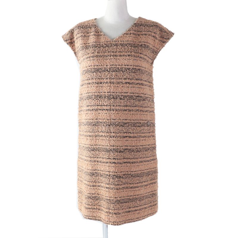 CHANEL P57978 French Sleeve Tweed Dress With Coco Mark Plate Beige Black 34
